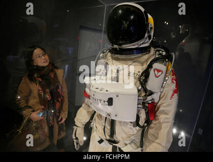 Vancouver. 14th Oct, 2012. The pressurized suit used during Red Bull Stratos mission by Austrian skydiver Felix Baumgartner in 2012 for his record jump is displayed at the Red Bull Stratos exhibition at the Science World in Vancouver, Canada, Jan., 22, 2016. On Oct. 14, 2012, Baumgartner made a record-breaking free fall from a capsule 24 miles (38,400 meters) above Roswell in New Mexico, the United States, becoming the first skydiver to break the sound barrier. © Liang Sen/Xinhua/Alamy Live News Stock Photo
