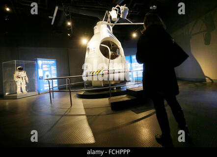 Vancouver. 14th Oct, 2012. The pressurized suit and capsule used during Red Bull Stratos mission by Austrian skydiver Felix Baumgartner in 2012 for his record jump are displayed at the Red Bull Stratos exhibition at the Science World in Vancouver, Canada, Jan., 22, 2016. On Oct. 14, 2012, Baumgartner made a record-breaking free fall from a capsule 24 miles (38,400 meters) above Roswell in New Mexico, the United States, becoming the first skydiver to break the sound barrier. © Liang Sen/Xinhua/Alamy Live News Stock Photo