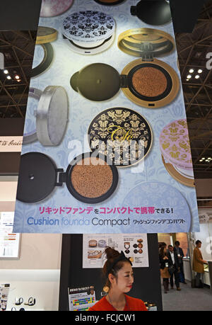 Tokyo, Japan. 22nd Jan, 2016. Mai Ishida of Japan stands under a cosmetics poster during the Cosme/Tech Tokyo Conference Friday January 22, 2016. Cosme Tokyo 2016 is one of the leading exhibitions for Cosmetic Ingredients, Private labels/OEM and Packaging. The 2016 show is expected to gather 700* exhibitors from 45* countries/regions. Photo by: Ramiro Agustin Vargas Tabares. © Ramiro Agustin Vargas Tabares/ZUMA Wire/Alamy Live News Stock Photo