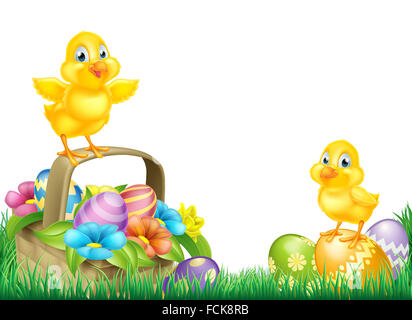 Cartoon Easter Chicks baby chicken birds, chocolate painted Easter Eggs, spring flowers and Easter basket in a field. Isolated a Stock Photo