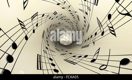 Musical notes on old vintage paper in the vortex movement Stock Photo
