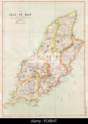 ISLE OF MAN: Showing sheadings, railways & mountains. BACON, 1936 vintage map Stock Photo