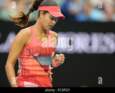 Melbourne, Australia. 23rd Jan, 2016. Ana Ivanovic of Serbia competes against Madison Keys of the United States during the third round match of women's singles at the Australian Open Tennis Championships in Melbourne, Australia, Jan. 23, 2016. Credit:  Bi Mingming/Xinhua/Alamy Live News Stock Photo