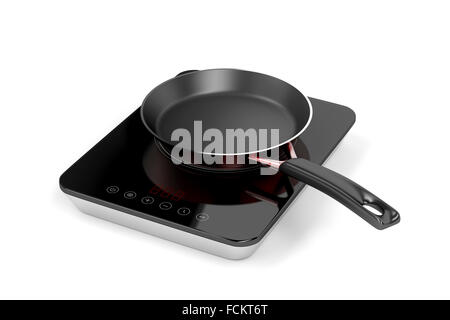 Portable induction cooktop and frying pan on white background Stock Photo