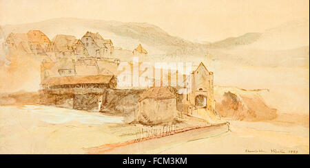 Germany,  Baden-Württemberg, Lörrach, Rheinfelden Bridge in 1858, colour halftone of watercolour sketch by John Ruskin Stock Photo