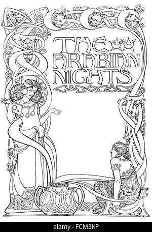 The Arabian Nights, Design for a Title Page, by Enid U Jackson, of Birmingham, line illustration from 1900 Studio Magazine Stock Photo