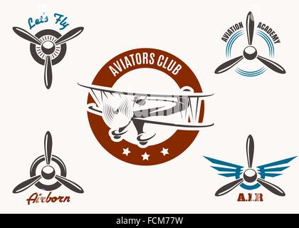 Retro aviation and pilot club badge and label set. Free font used. Isolated on white. Stock Vector