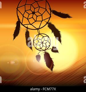 Dream catcher on the wind against sunset in prairie. Stock Vector