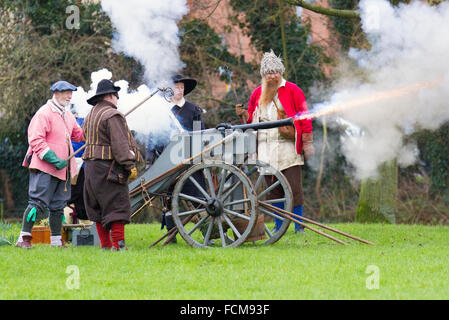 The Battle of Nantwich was fought during the First English Civil War, between the Parliamentarians and Royalists, northwest of the town of Nantwich in Cheshire on 25 January 1644. The Royalists under Lord Byron were besieging Nantwich, and Sir Thomas Fairfax led an army to relieve the town. As Fairfax approached, a sudden thaw caused the River Weaver to rise in spate, dividing Byron's cavalry from his infantry and artillery, who were overrun and destroyed by Fairfax. Stock Photo