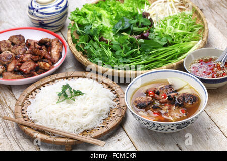 bun cha, grilled pork rice noodles and herbs, vietnamese cuisine Stock Photo