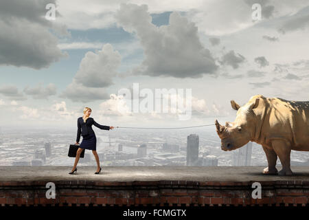 Young Pretty Businesswoman Holding Rhino On Lead Stock Photo - Alamy