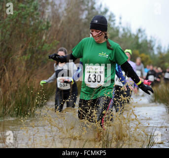 Aldershot, Hants, UK. 23rd January, 2016.  Daniella Barnett makes her way through the flooded streams of the Brutal women only  10km  race at Long valley Aldershot Hampshire having to break the ice as the make there way around the course .  The recent weather made the Brutal 10km off road course live up to its name as the puddles and streams where up to waste height in many places with early runners having to break the ice as they entered the water.  Credit:  PBWPIX/Alamy Live News Stock Photo
