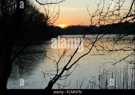 A cold and frosty late afternoon winters day at Coate Water Country Park Swindon Wiltshire Stock Photo