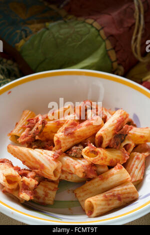baked pasta with mozzarella salami eggs tomato sauce and cured ham Stock Photo