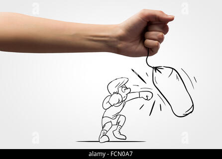 Funny caricature of boxer man hitting punchball Stock Photo