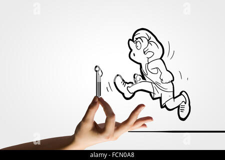 Funny caricature of running sportsman jumping over barrier Stock Photo ...