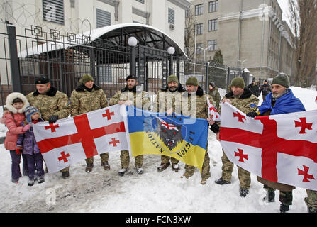 Kiev, Ukraine. 23rd Jan, 2016. Activicsts from Georgian national legion and their supporters during a protest against the policies of Russian President Vladimir Putin in front the Russian Embassy in Kiev, Ukraine, 23 January, 2016. Credit:  Serg Glovny/ZUMA Wire/Alamy Live News Stock Photo