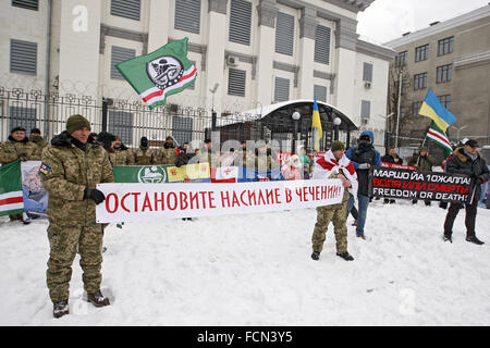 Kiev, Ukraine. 23rd Jan, 2016. Activicsts from different Ukrainian volunteer batalions, Chechen battalion behalf of Dzhokhar Dudayev, Georgian national legion and their supporters during a protest against the policies of Russian President Vladimir Putin in front the Russian Embassy in Kiev, Ukraine, 23 January, 2016. Credit:  Serg Glovny/ZUMA Wire/Alamy Live News Stock Photo