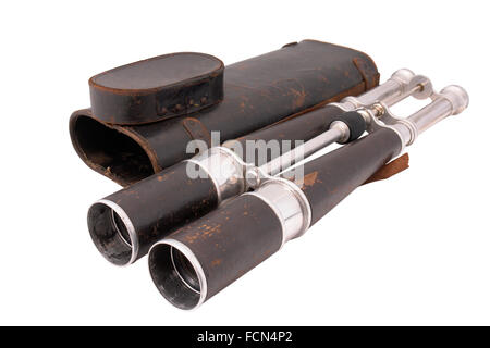 19 century binocular of dirigible (Zeppelin) captain with leather case. Made in France. Paris. Stock Photo