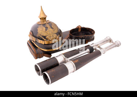 19th century binocular of dirigible (Zeppelin) captain with leather case. Germany, France. Stock Photo