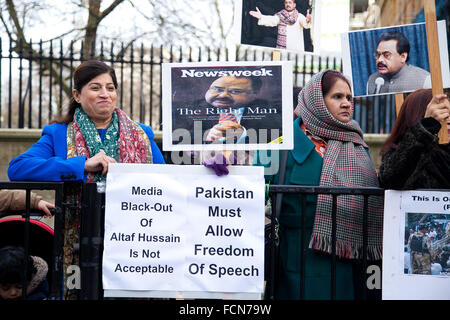 London, UK. 23rd January, 2016. Dozens of Pakistani protesters demonstrate outside Downing Street in London  against media blackout in Pakistan of Altaf Hussain Credit:  Dinendra Haria/Alamy Live News Stock Photo