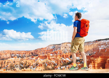 Portrait of man hiker backpack in Bryce canyon Stock Photo