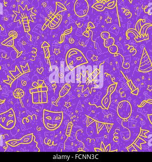 Yellow carnival symbols in doodle style on violet background, vector seamless pattern Stock Vector