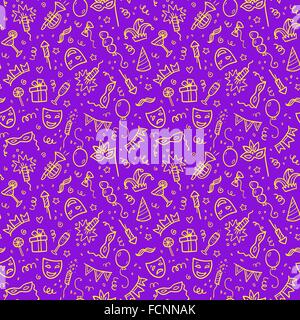 Yellow carnival symbols in doodle style on violet background, vector seamless pattern Stock Vector