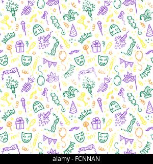 Green, yellow and violet carnival symbols in doodle style on white background, vector seamless pattern Stock Vector