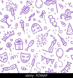 Violet carnival symbols in doodle style on white background, seamless pattern Stock Vector