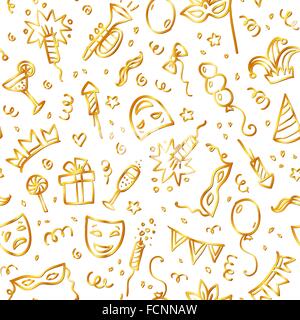 Golden carnival symbols in doodle style on white background, seamless pattern Stock Vector