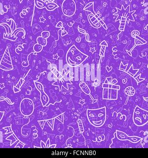 White carnival symbols in doodle style on violet background, vector seamless pattern Stock Vector