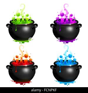 Black vector cauldrons set with colorful witches potion Stock Vector