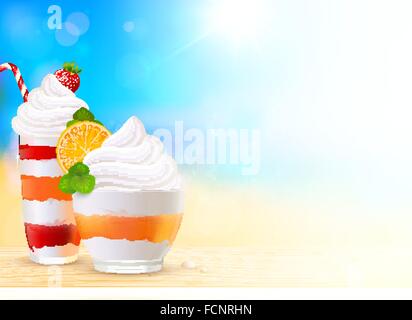 Sweet summer desserts on blurred seascape background Stock Vector