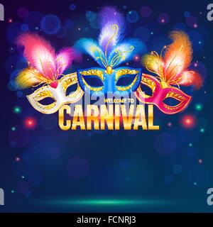 Bright carnival masks on dark blue background Stock Vector