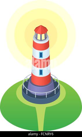 Red and white striped cartoon style lighthouse Stock Vector