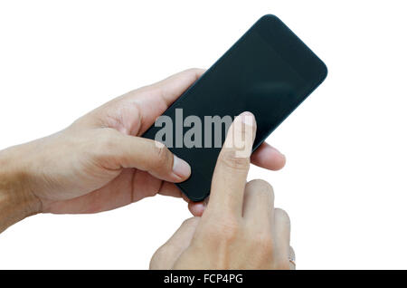 smart phone in hand isolated on the white background. Stock Photo