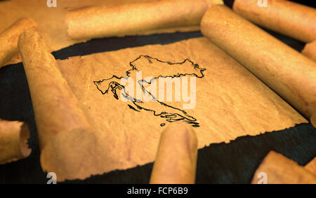 Croatia Map Drawing Unfolding Old Paper Scroll 3D Stock Photo