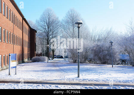 Lund, Sweden - January 21, 2016: Fine walkway past the Fysicum at Lund university. Frosty trees and shrubs together with streetl Stock Photo