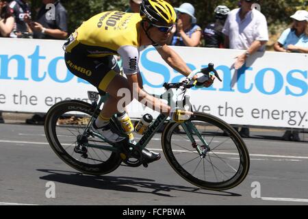 Adelaide, Australia. 24th January 2016.  Maarten Tjallingii (Ned) LottoNL–Jumbo team lead the race for most of Stage 6 of the Santos Tour Down Under on 24 January, 2016 in Adelaide, Australia. Credit:  Peter Mundy/Alamy Live News Stock Photo