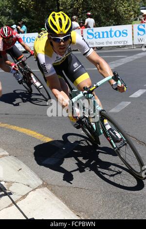 Adelaide, Australia. 24th January 2016.  Maarten Tjallingii (Ned) LottoNL–Jumbo team lead the race for most of Stage 6 of the Santos Tour Down Under on 24 January, 2016 in Adelaide, Australia. Credit:  Peter Mundy/Alamy Live News Stock Photo
