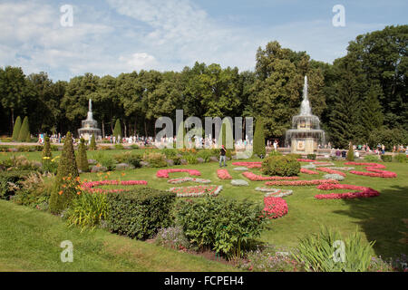 The Rimsky Fountains, Lower Park, in the grounds of the Peterhof Palace, Petergof, St Petersburg, Northwestern, Russia. Stock Photo