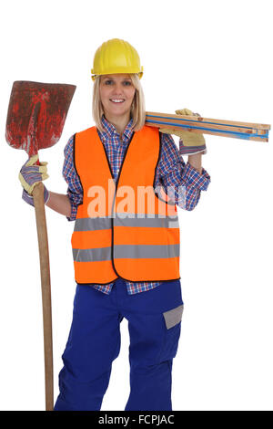 Young female construction worker woman job isolated on a white background Stock Photo