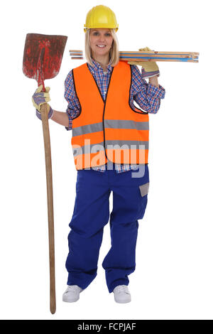 Young female construction worker woman job full body isolated on a white background Stock Photo