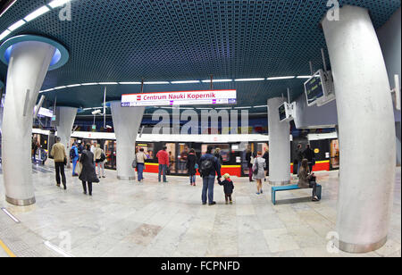 Passengers waiting train at Centrum Nauki Kopernik metro station in Warsaw Stock Photo