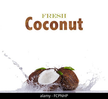 Fresh coconuts in water splash on white background Stock Photo