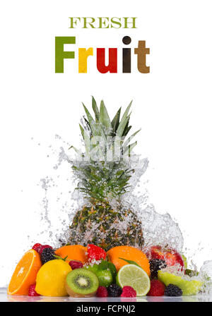 Fresh fruit in water splash on white background Stock Photo