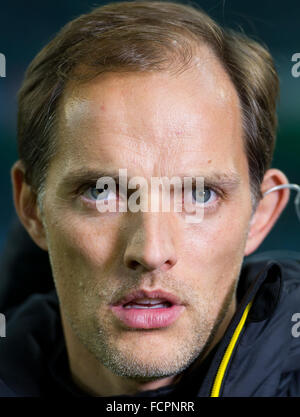 Dortmund's coach Thomas Tuchel at the German Bundesliga soccer match between Borussia Moenchengladbach and Borussia Dortmund in Borussia Park in Moenchengladbach, Germany, 23 January 2016. Photo: GUIDO KIRCHNER/dpa Stock Photo