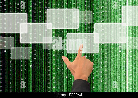 hand pushing a button on a touch screen interface with digital matrix background Stock Photo