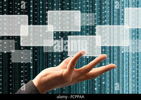 hand hold a touch screen interface with digital matrix background Stock Photo